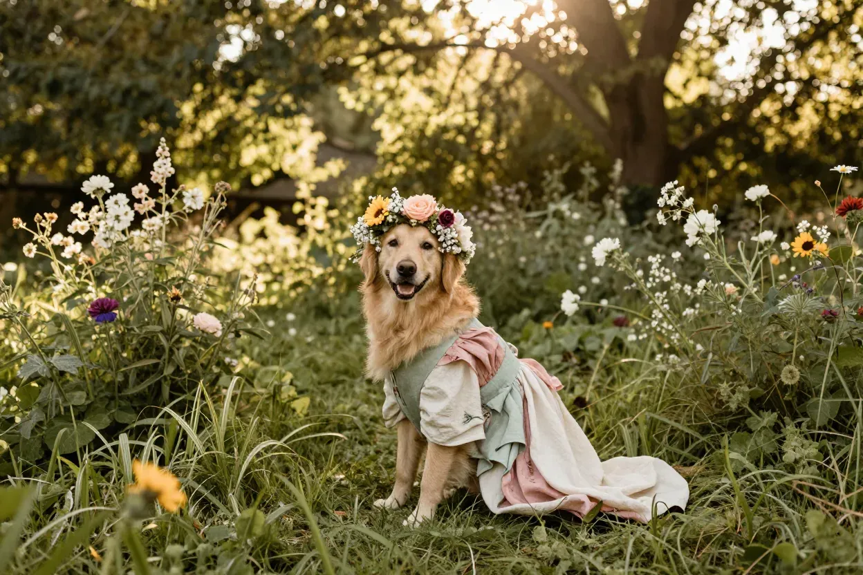 Bohemian flower crown flowing dress dog meadow