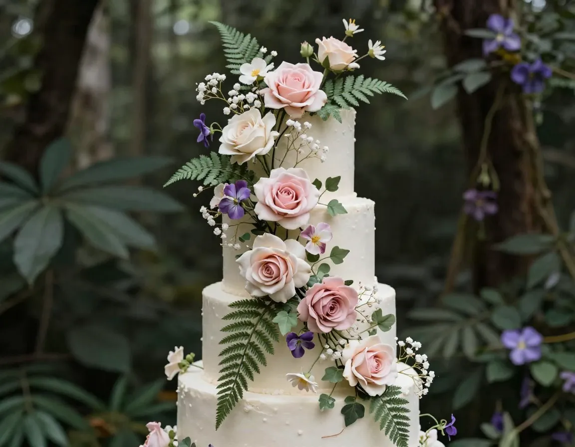 Cascading floral forest with wild roses ferns and trailing ivy