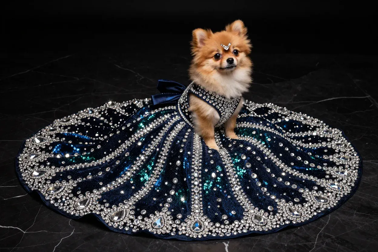 Glamorous crystal sequin gown dog dark background