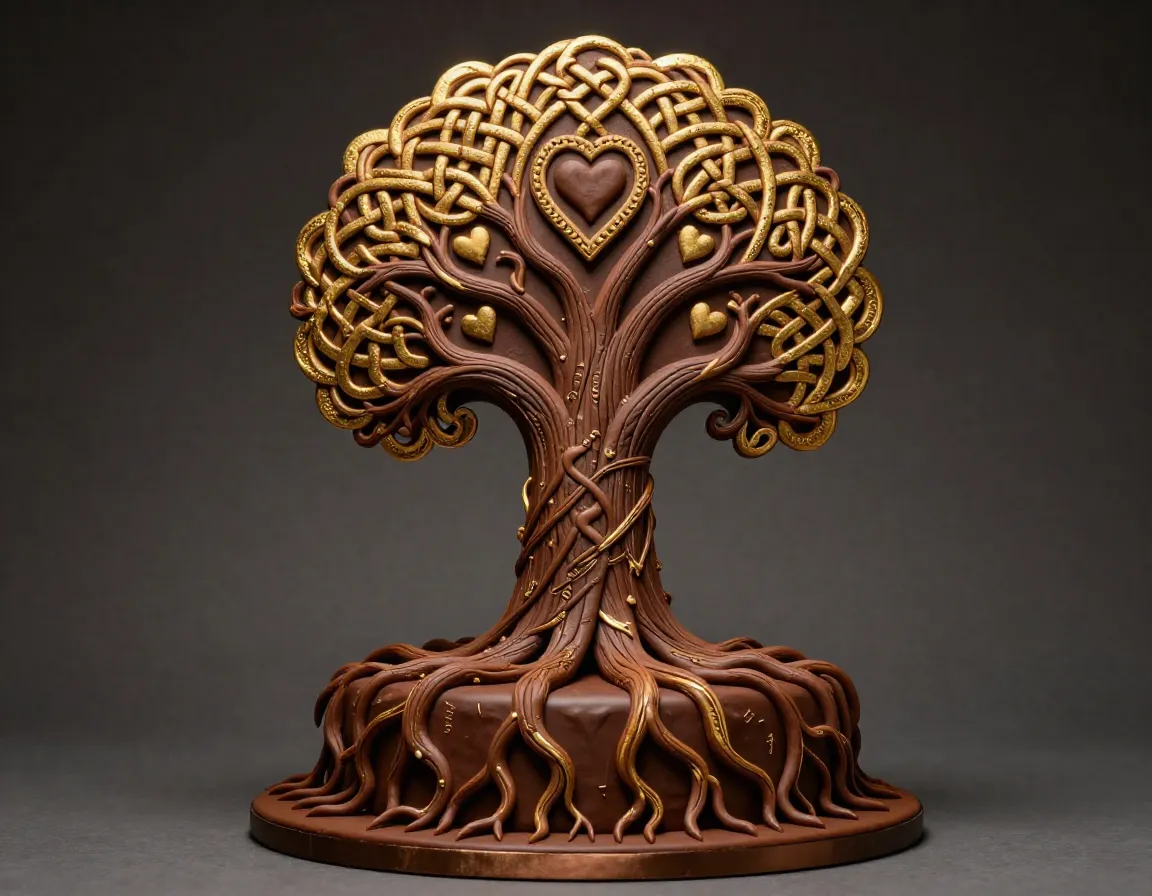 Mystical tree of life cake with gold knotwork and intertwined roots