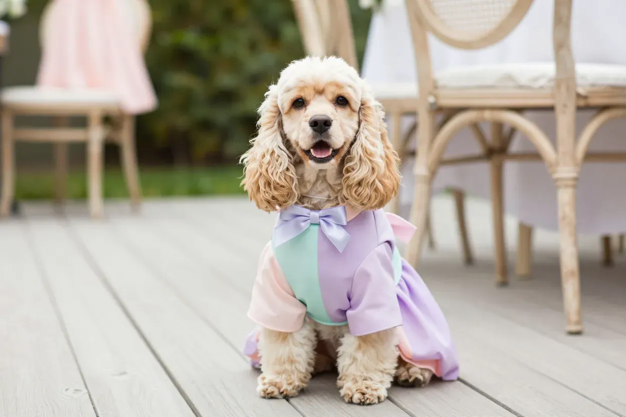 Sweet pastel tea length dress dog daytime setting