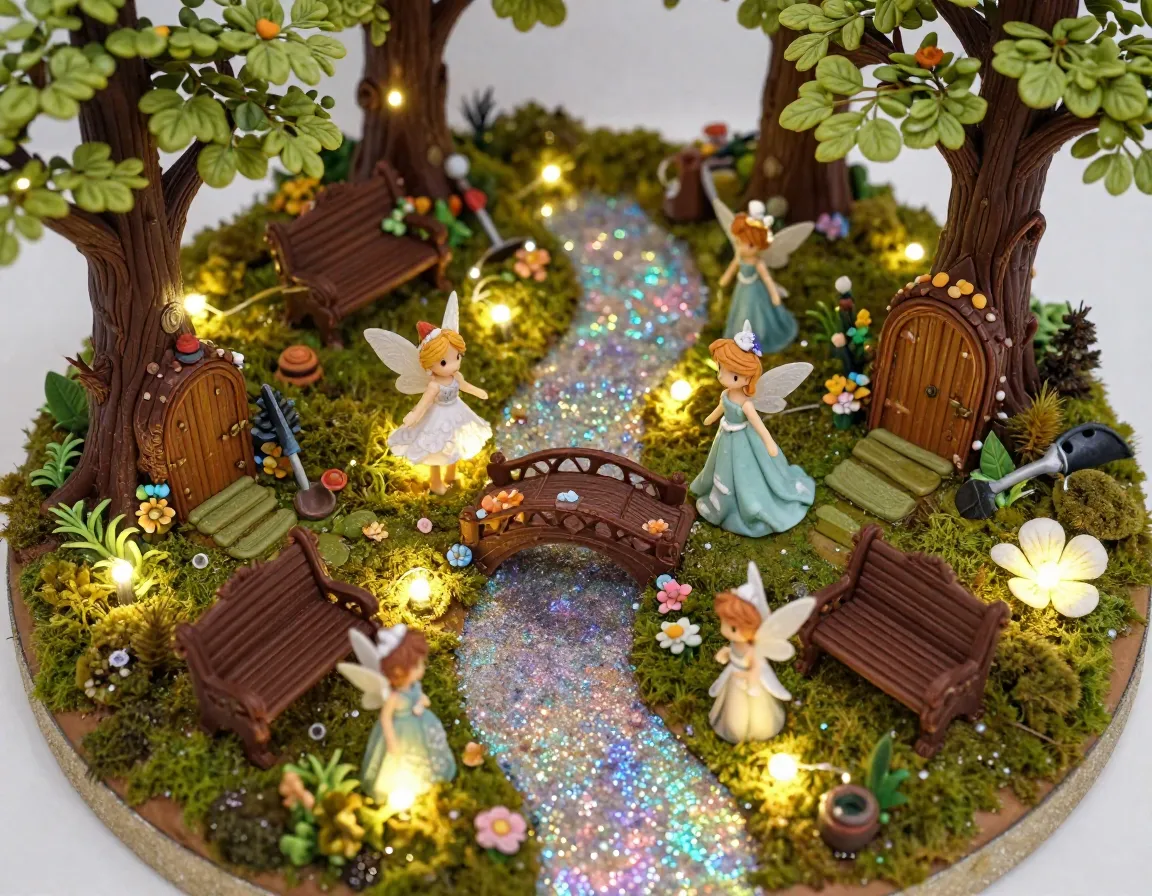 Whimsical fairy garden with led lights miniature furniture and fairies