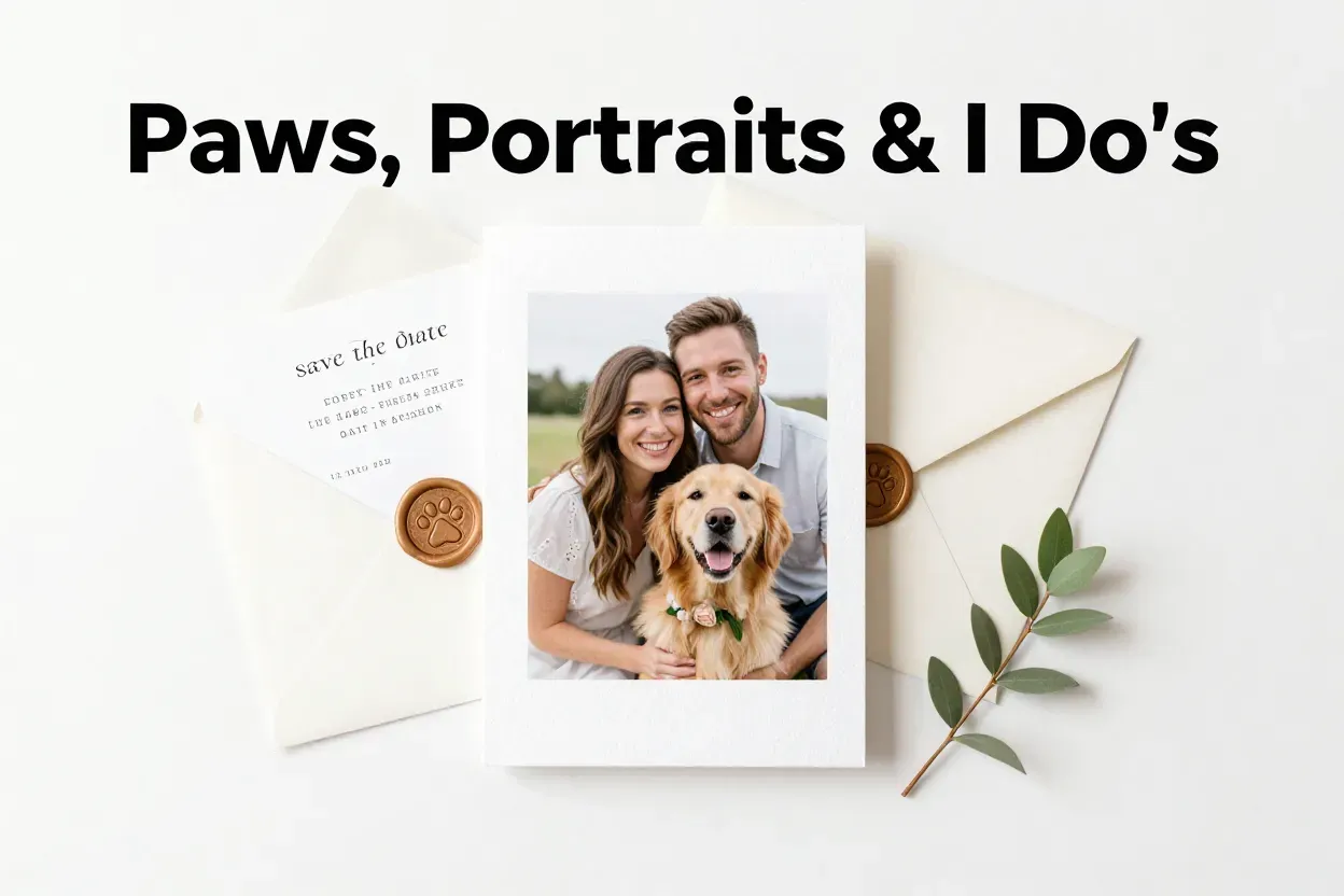 Modern minimalist flat lay of dog themed wedding invitation suite