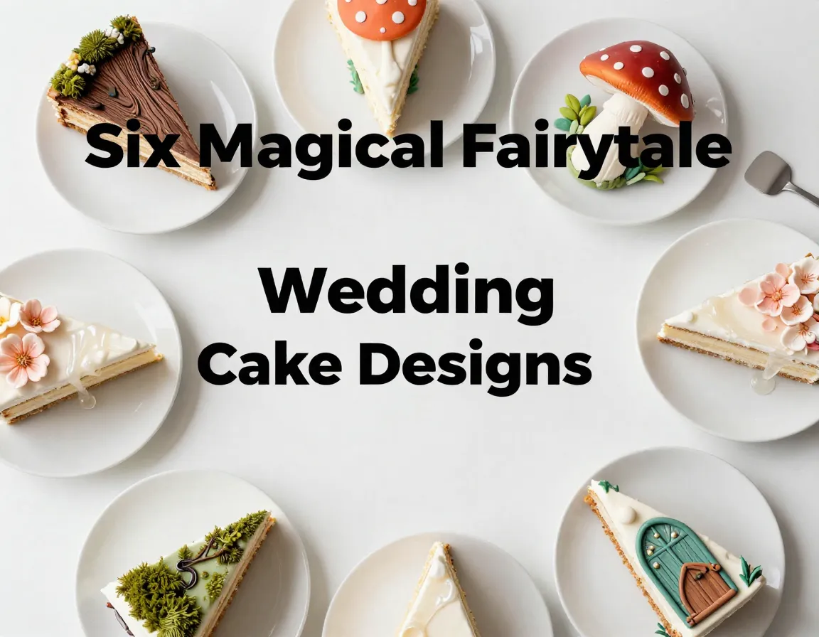 Six whimsical enchanted forest wedding cake slice samples flat lay