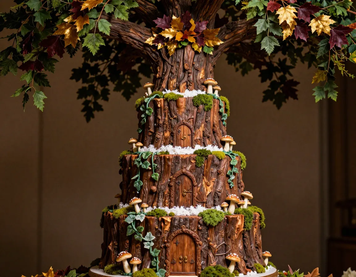 Majestic oak wedding cake with bark moss and fairy doors