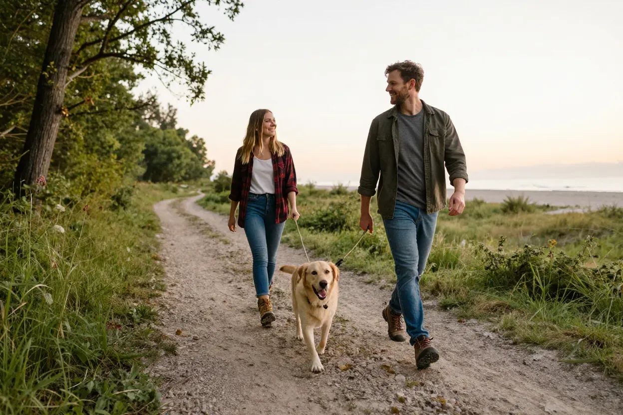 Adventure couple outdoor photo with dog on hiking trail at sunset