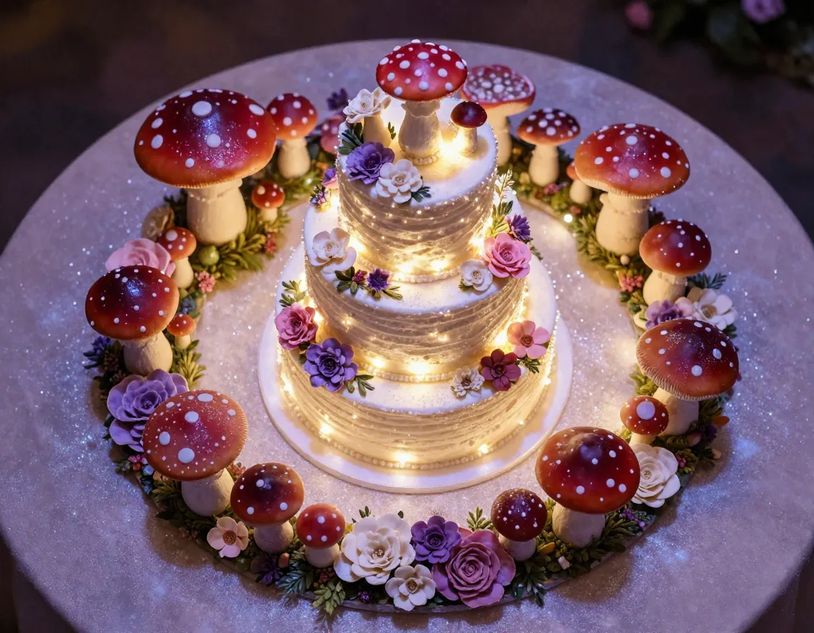 Fairy ring wedding cake with toadstools glowing lights