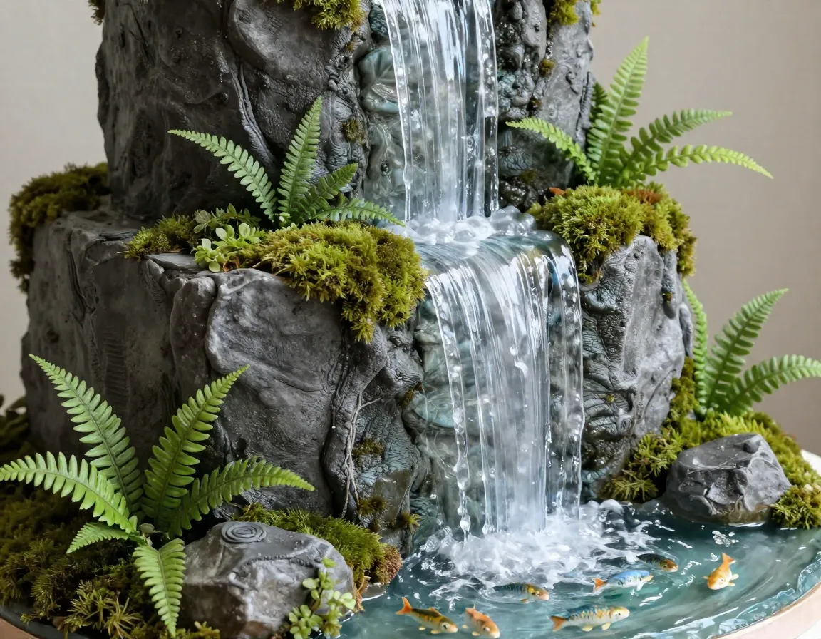 Rocky waterfall wedding cake with isomalt and sugar fish