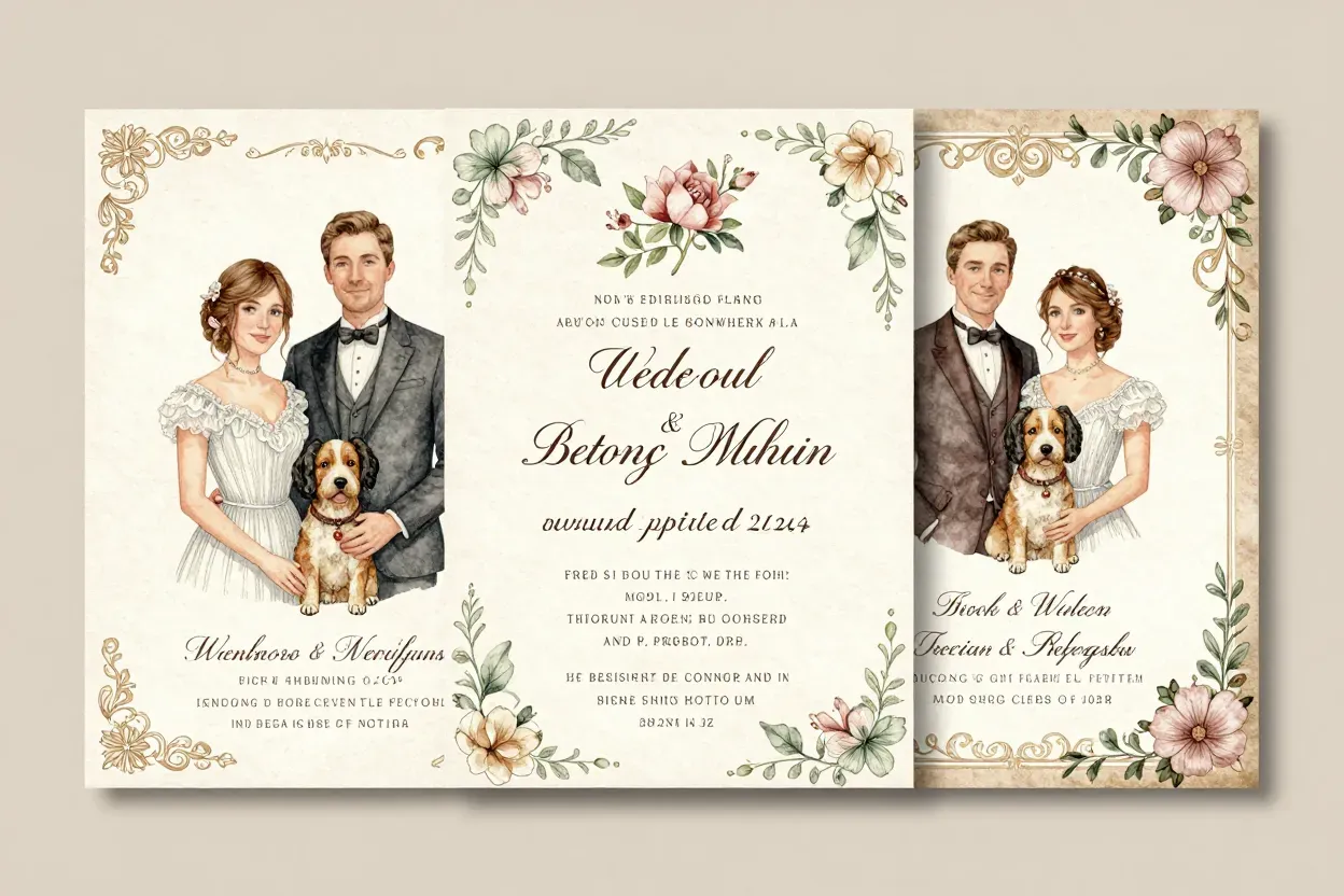 Vintage inspired illustrated invitation with watercolor couple and dog