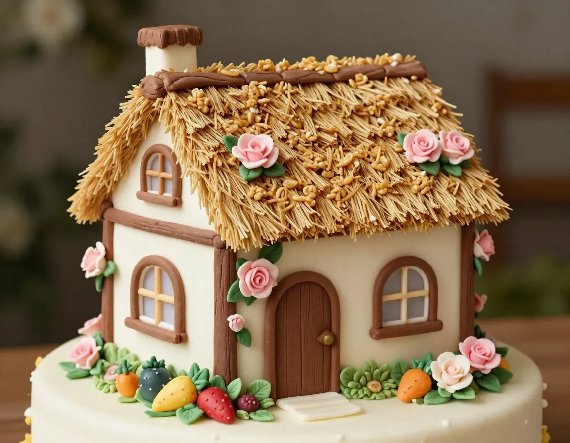 Thatched cottage wedding cake with edible garden