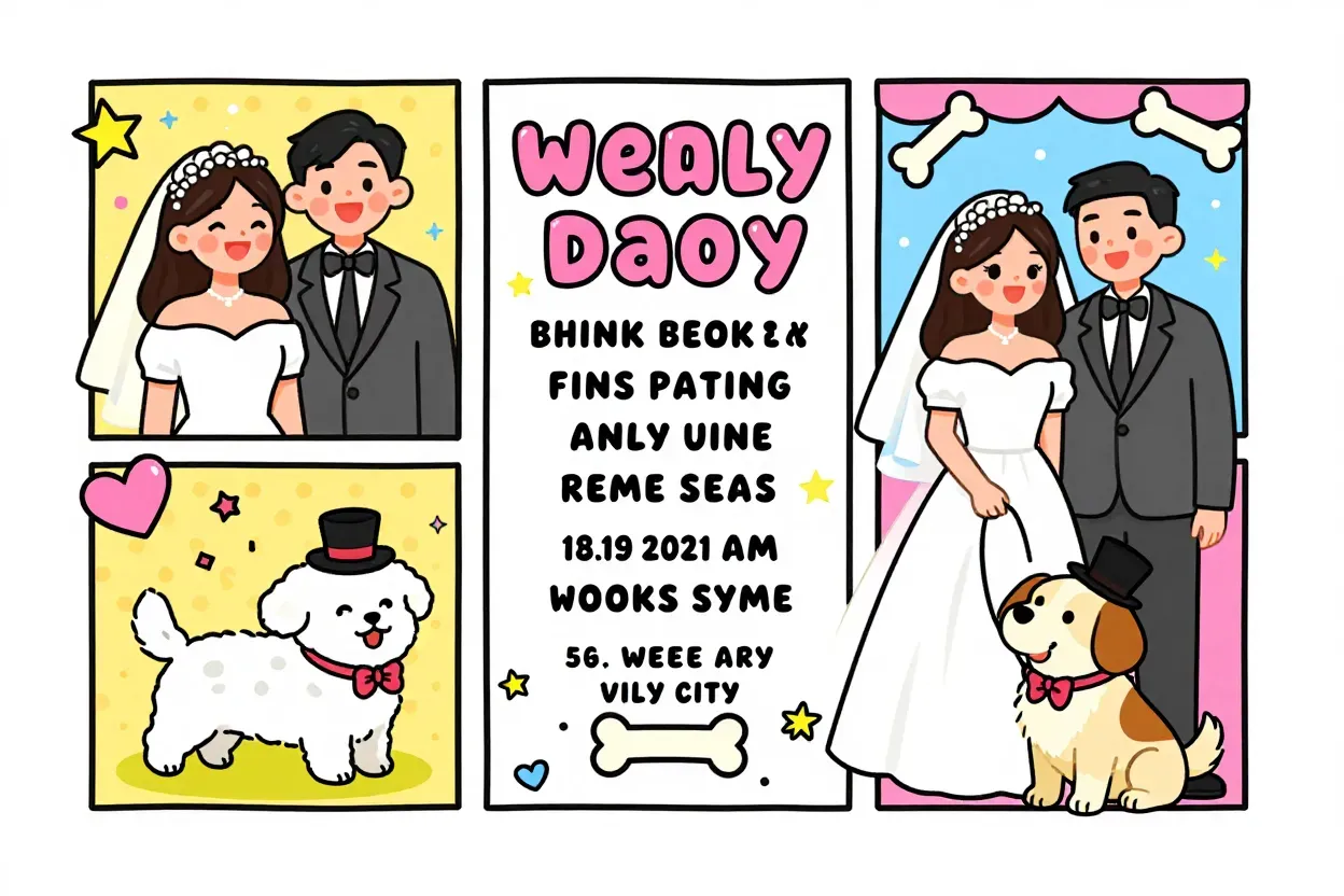 Whimsical cartoon invitation with happy couple dog and bright colors