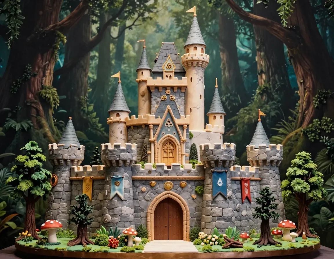 Forest castle wedding cake with turrets and flags
