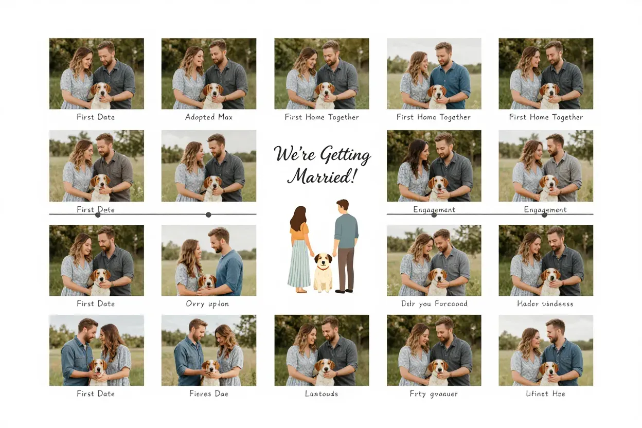 Storytelling timeline invitation with illustrated couple dog milestone panels