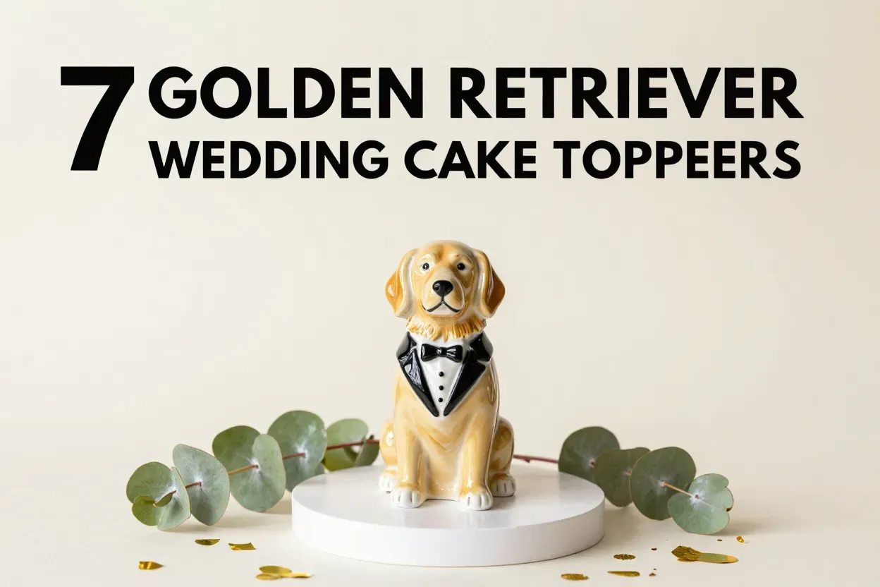 Ceramic golden retriever tuxedo cake topper with eucalyptus and gold confetti