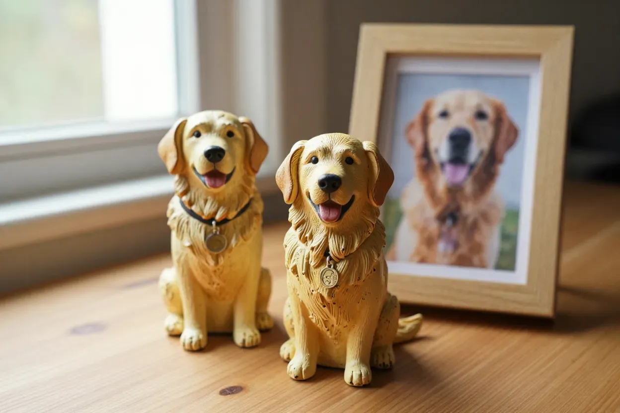 Custom portrait figurine golden retriever next to reference photo