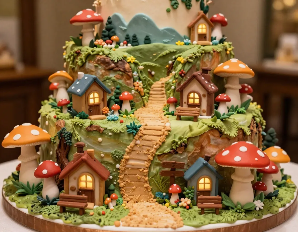 Whimsical toadstool village multi tier cake led houses