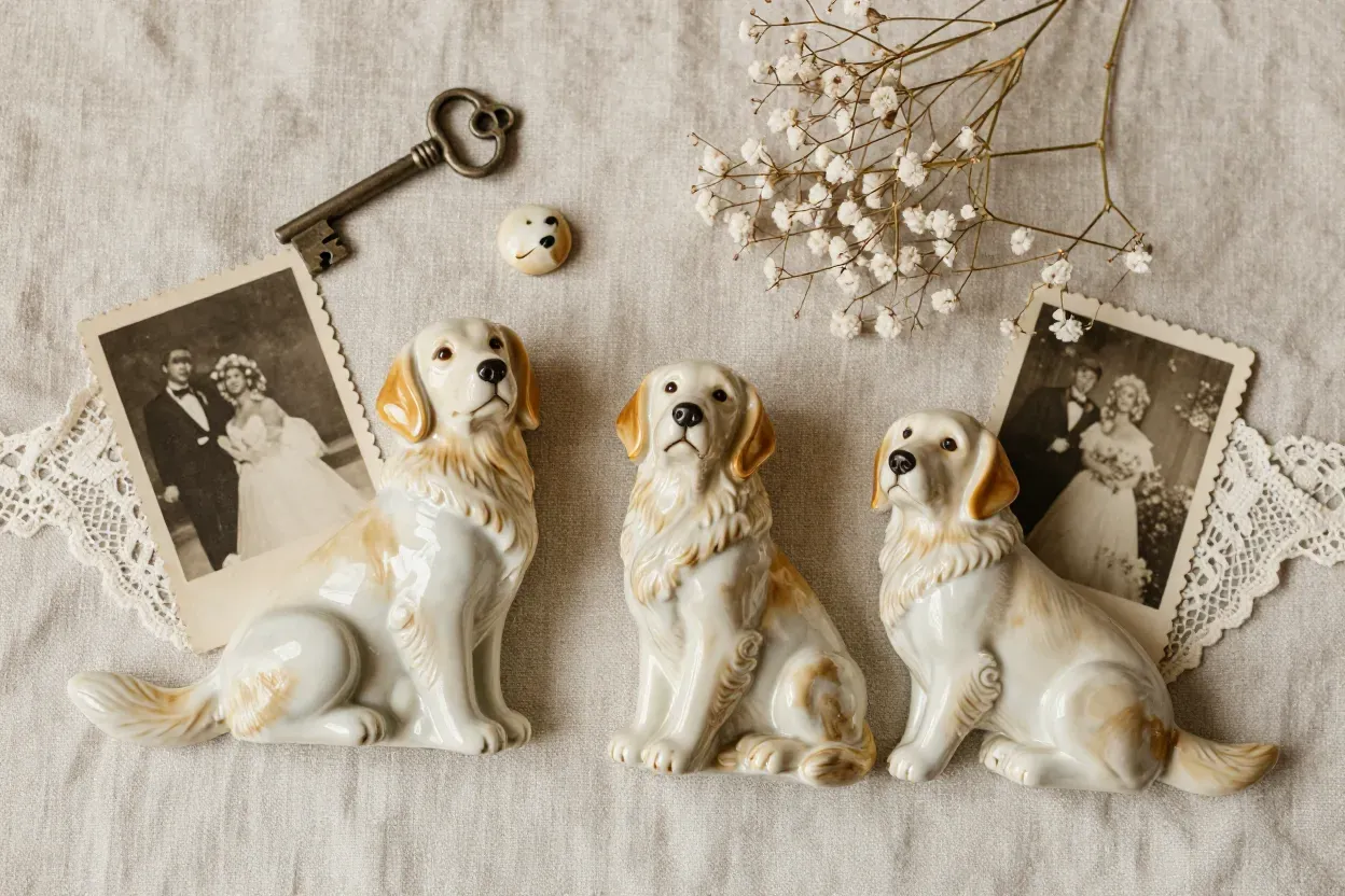 Vintage porcelain golden retriever cake toppers on lace flatlay