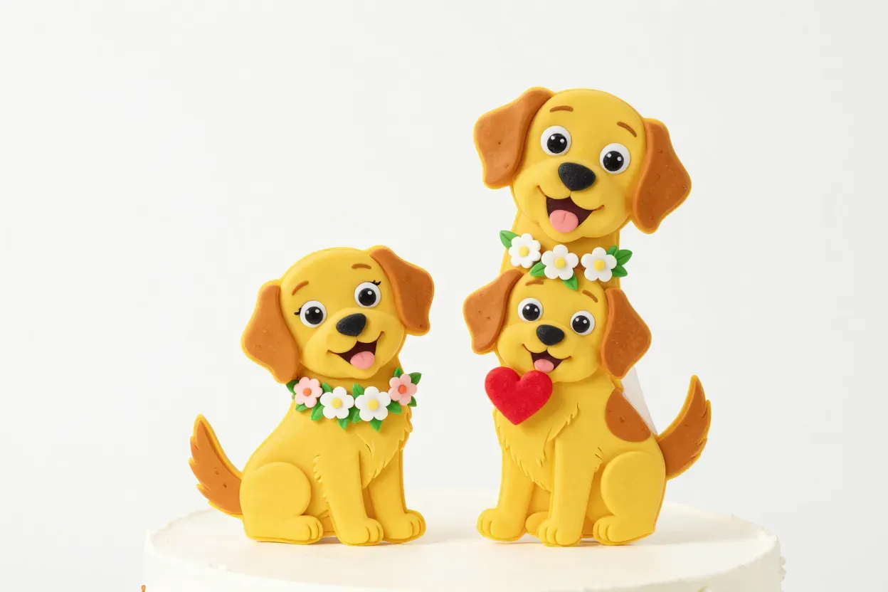 Playful cartoon golden retriever with wedding heart figurine