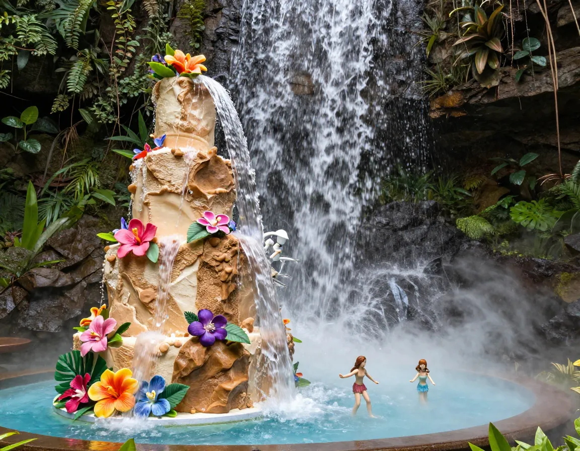 Enchanted waterfall paradise flowing syrup tropical flowers