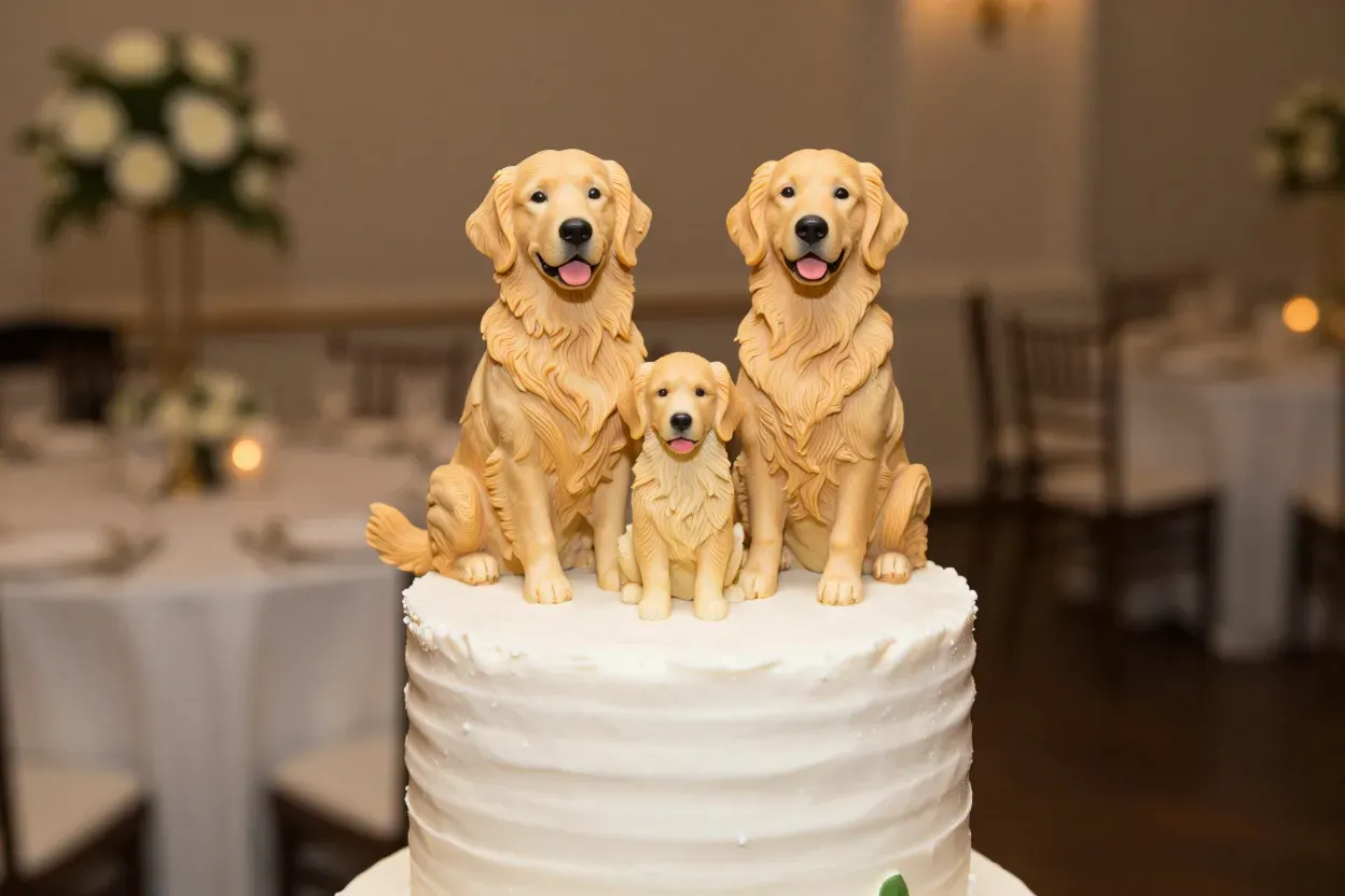 Three golden retriever family figurines on wedding cake