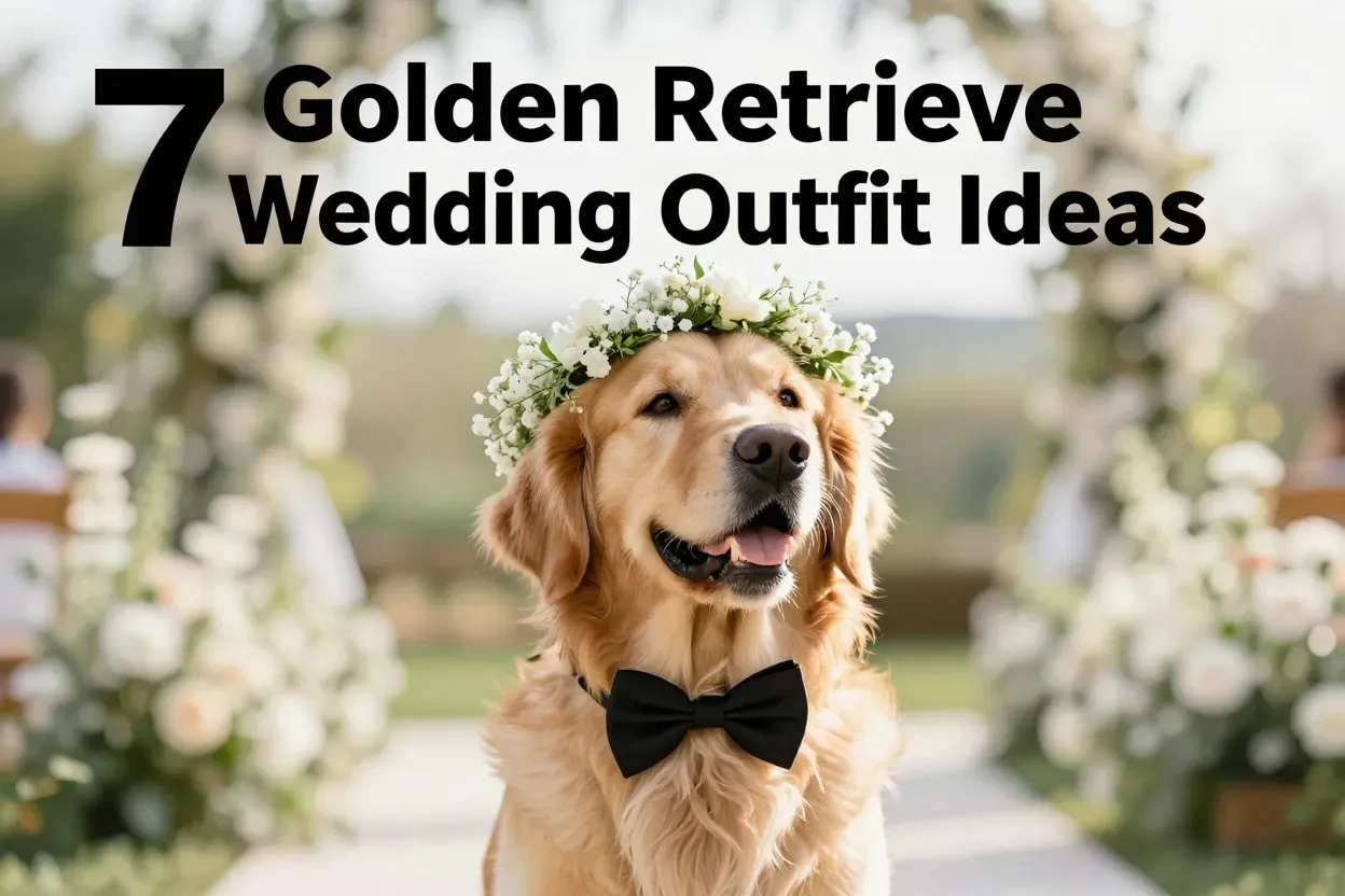 Golden retriever wearing black bowtie floral crown garden wedding celebration