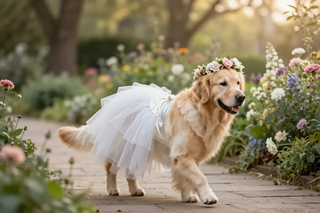 Elegant white tulle dress floral crown garden path