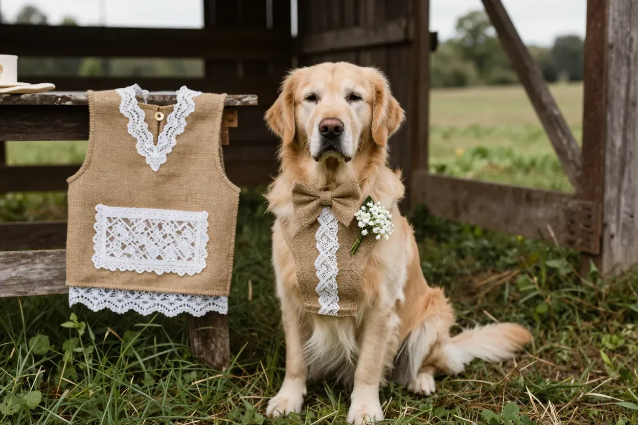 Rustic burlap lace vest wildflower boutonniere country setting