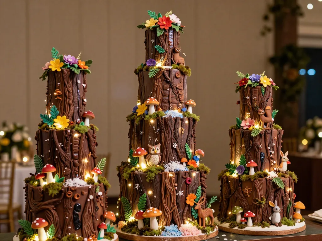 Enchanted forest wedding cake with woodland creatures and led lights