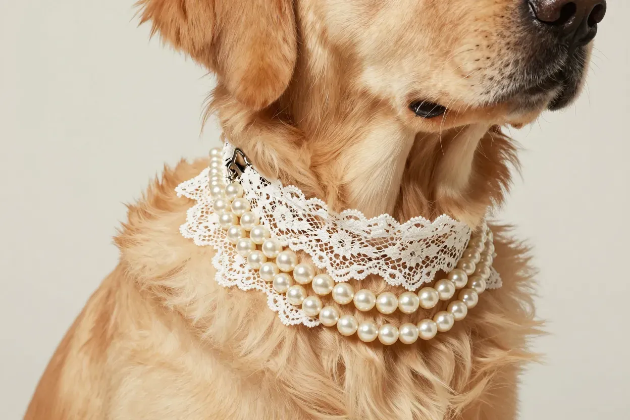Vintage pearl lace collar golden retriever neck close up