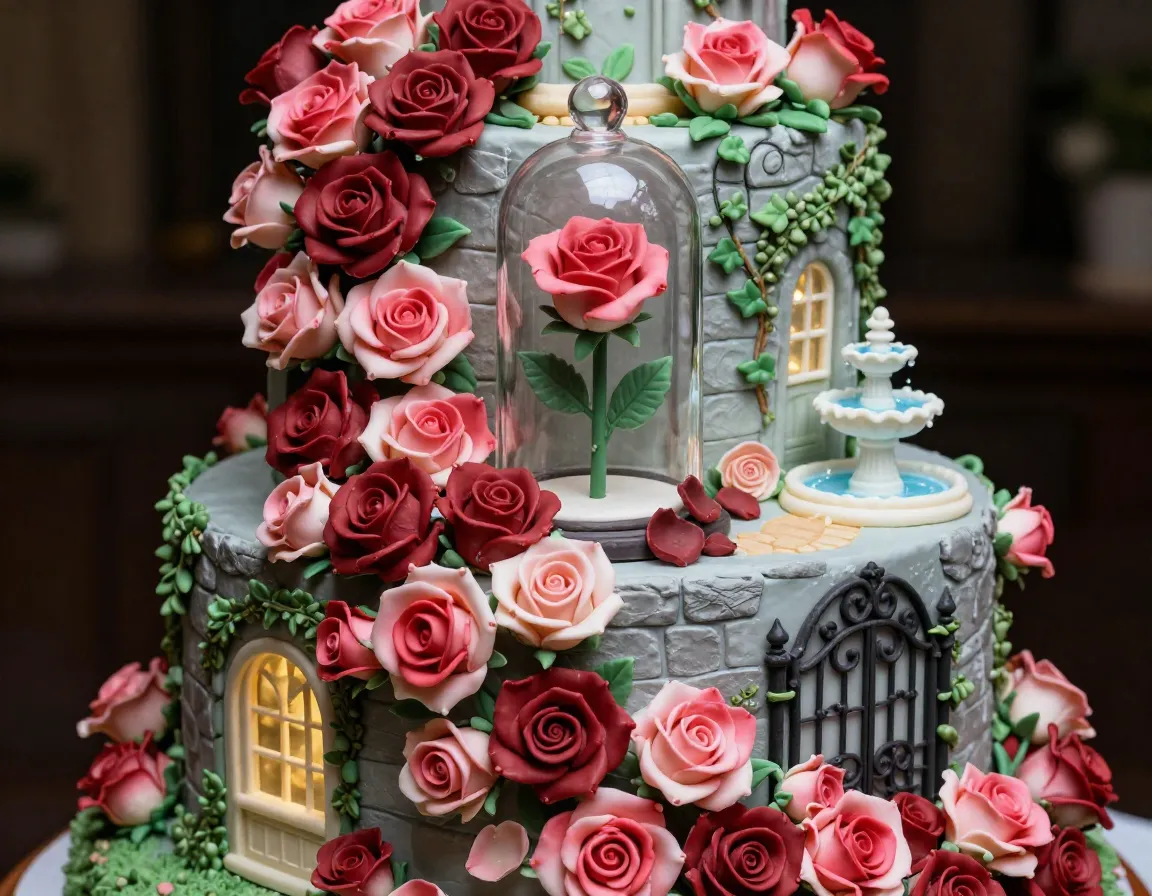 Rose garden wedding cake with cascading roses and glass cloche