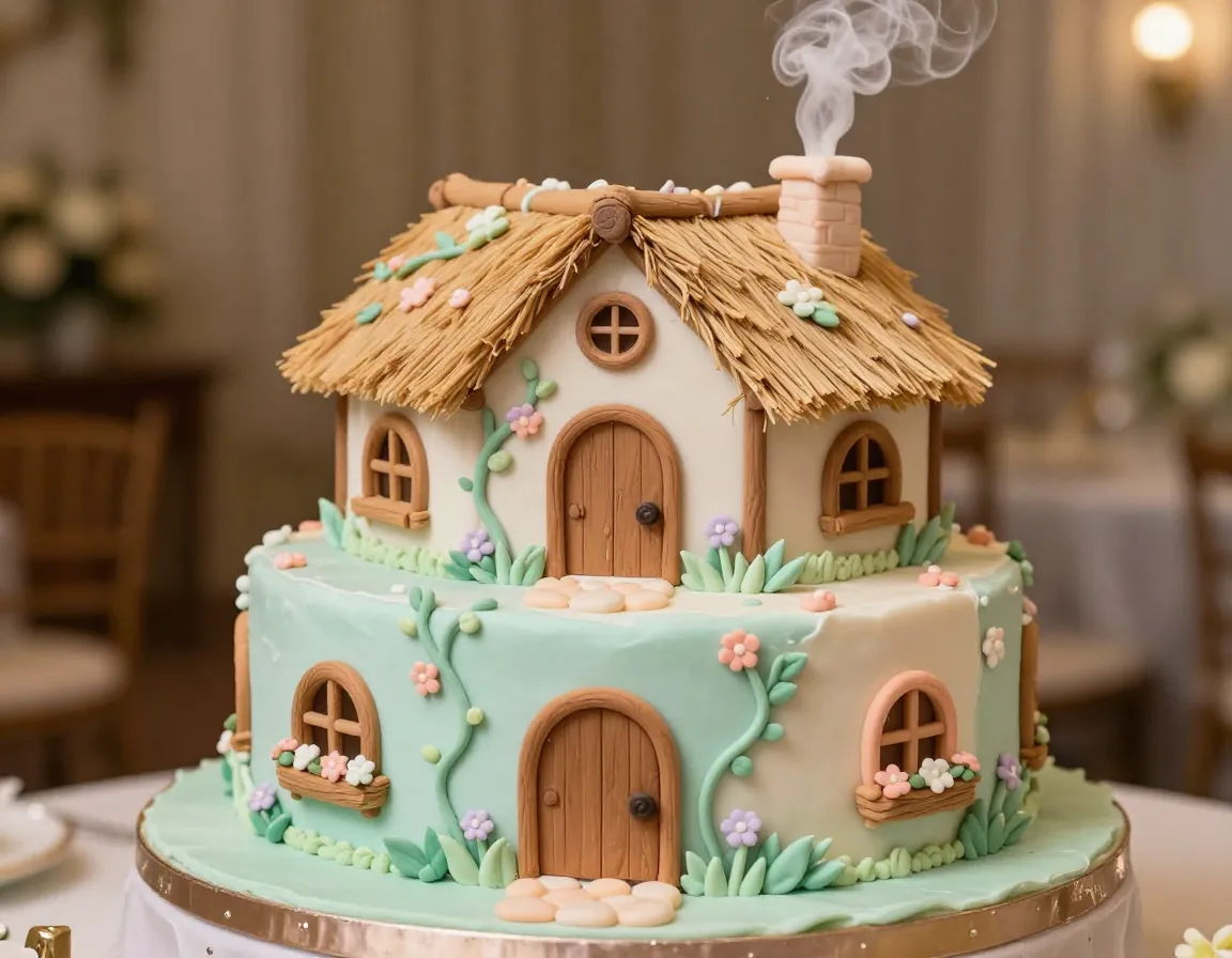 Fairy house cottage wedding cake with thatched roof and miniature details