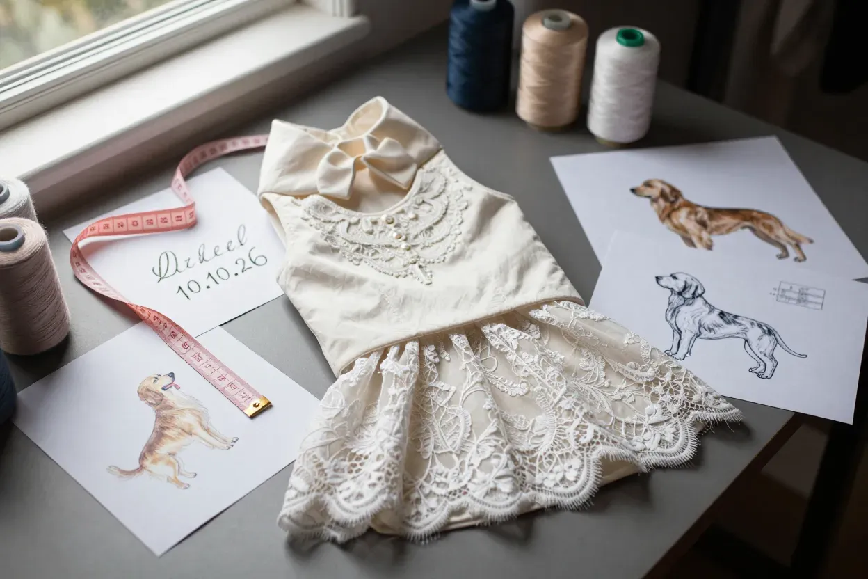 Custom designer couture dog outfit atelier worktable flatlay