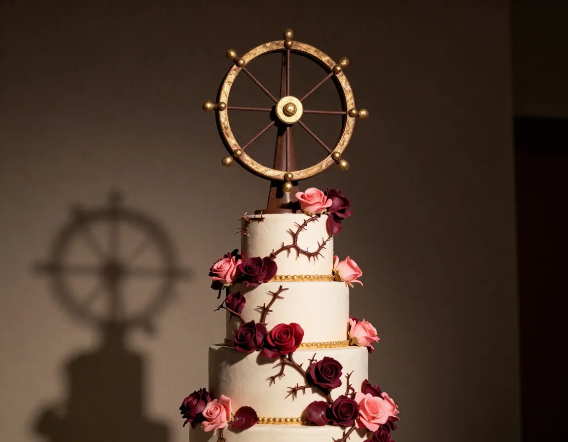 Spinning wheel wedding cake with thorny roses and gold accents