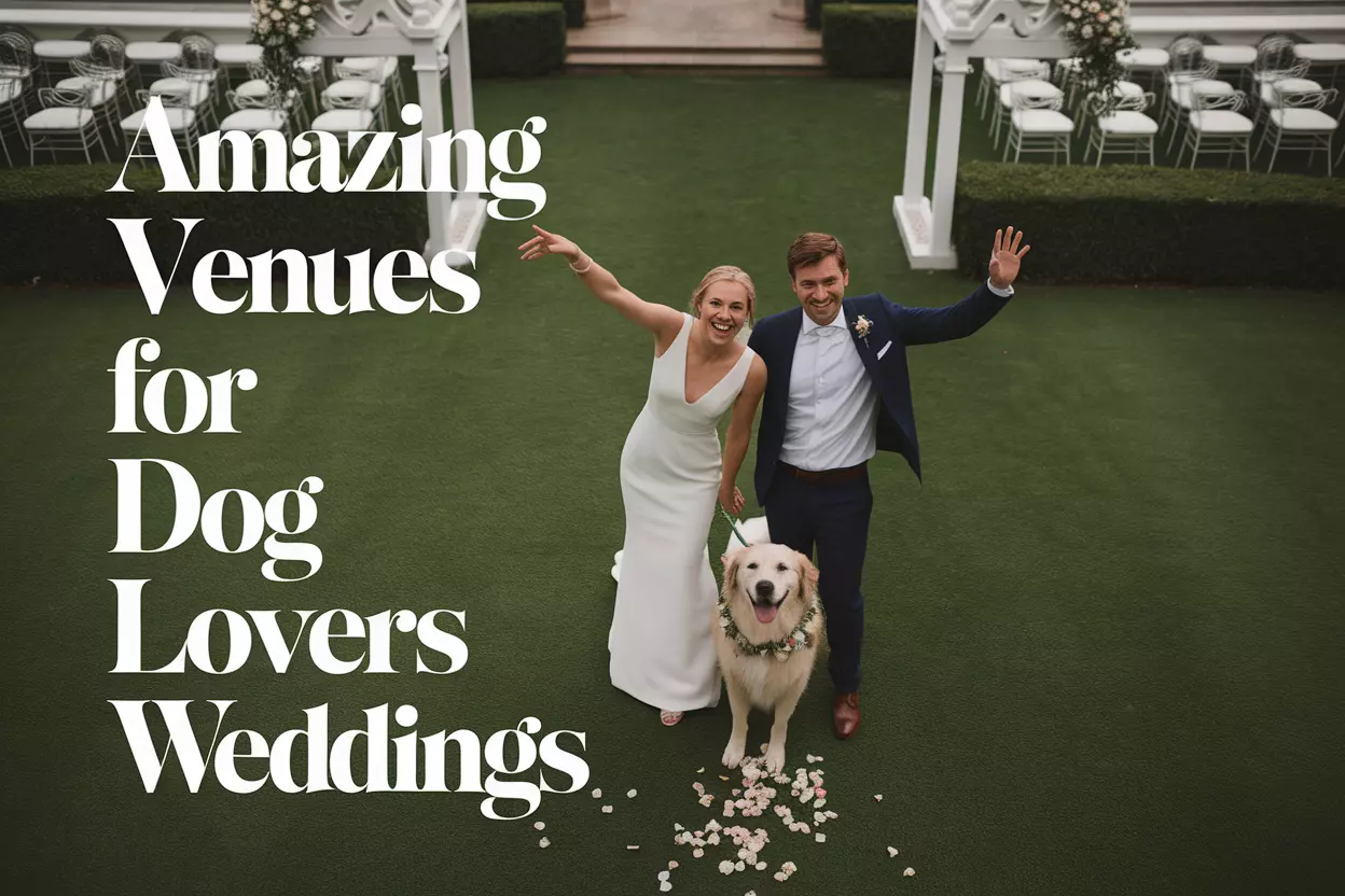 Aerial view of couple with dog at grand dog friendly wedding venue