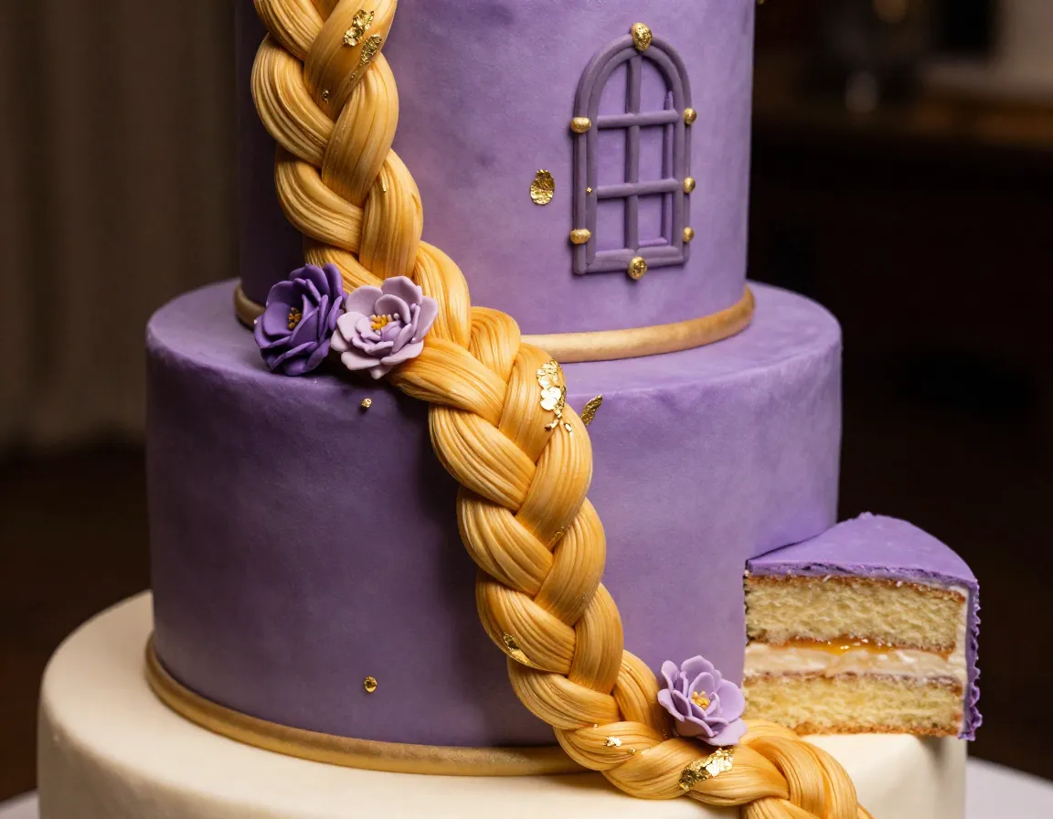 The classic tower cake with cascading golden braids and purple flowers