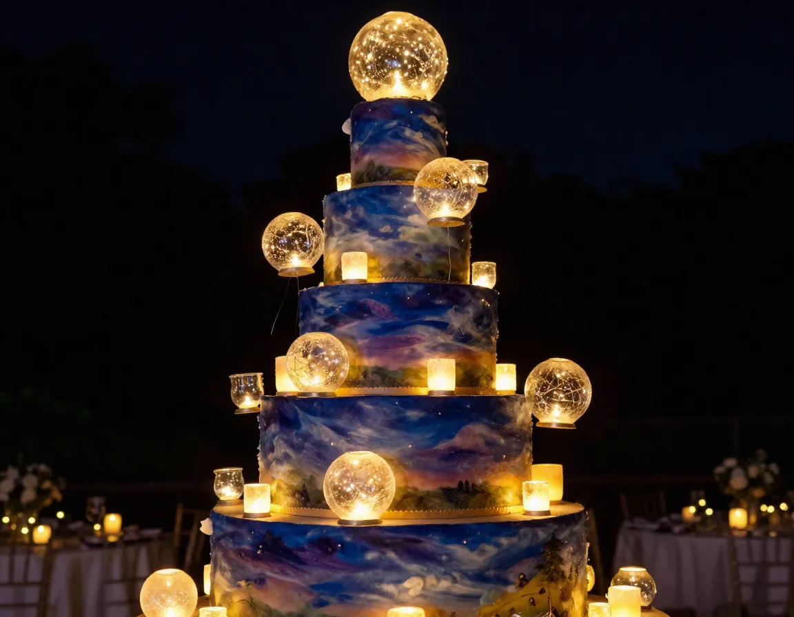 Floating lantern cake with led lights and hand painted night sky