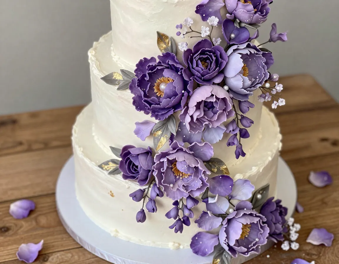 Garden cake with cascading purple sugar peonies and roses