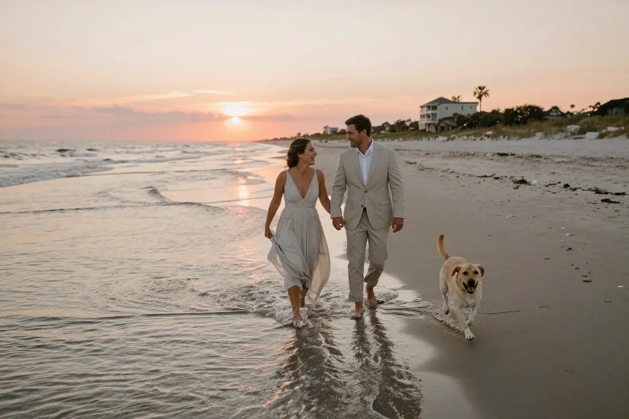 Sanctuary kiawah island beach sunset couple dog running