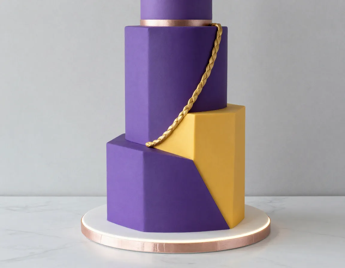 Modern geometric hexagonal cake with purple gold color blocking