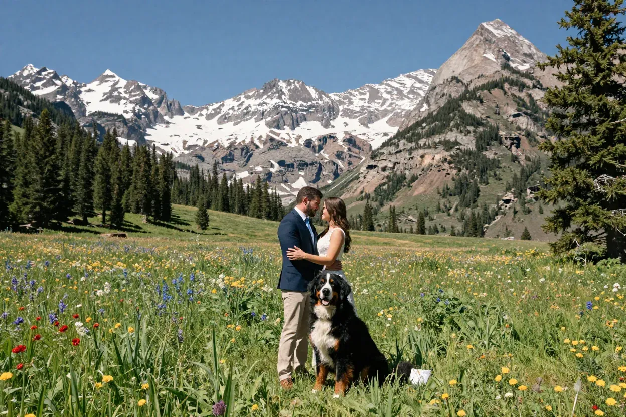 Sundance mountain resort meadow wildflowers couple bernese dog
