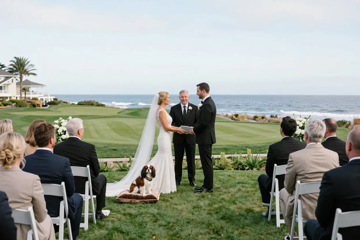 Lodge pebble beach ocean terrace formal ceremony dog cushion