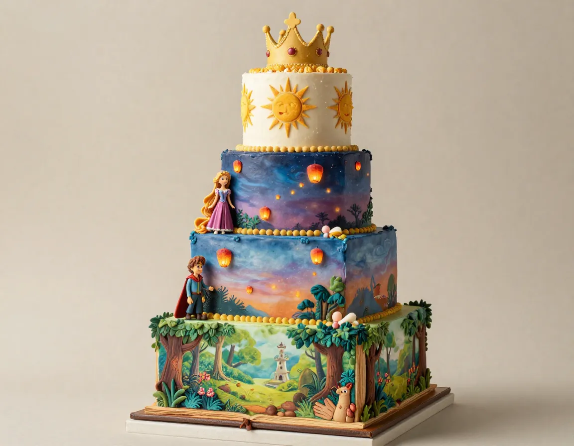 Three tier storybook cake with painted forest and lantern scenes