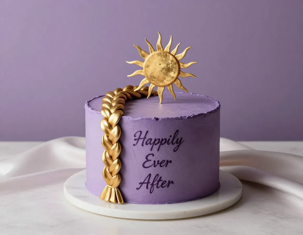 Minimalist cake with a single gold braid and purple monochrome