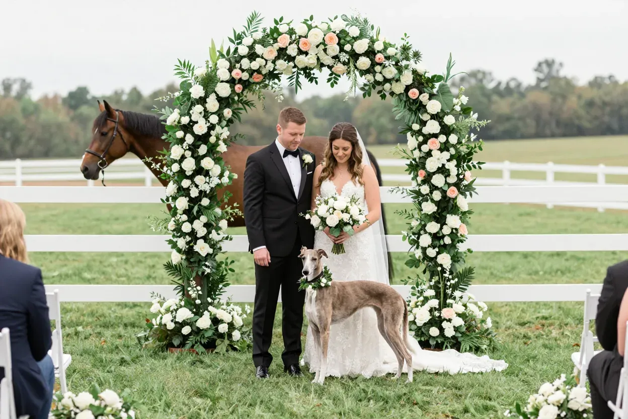 Salamander resort equestrian ceremony dog horse floral arch