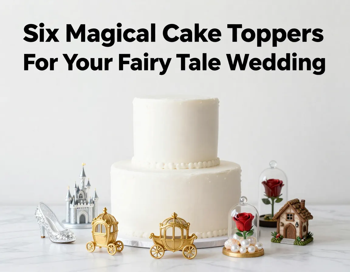 Close up of wedding cake with six miniature fairy tale topper samples arranged around base