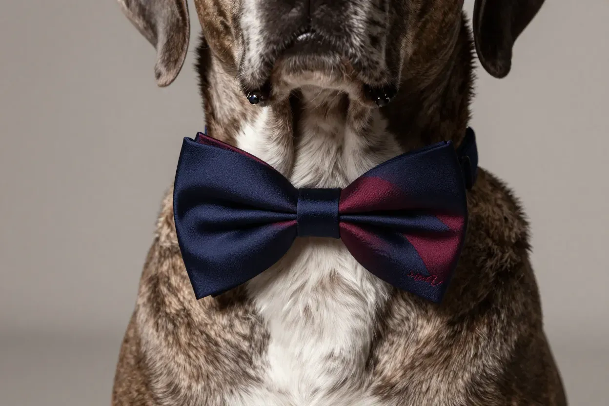 Detailed close up of a large dog wearing an elegant custom embroidered bow tie