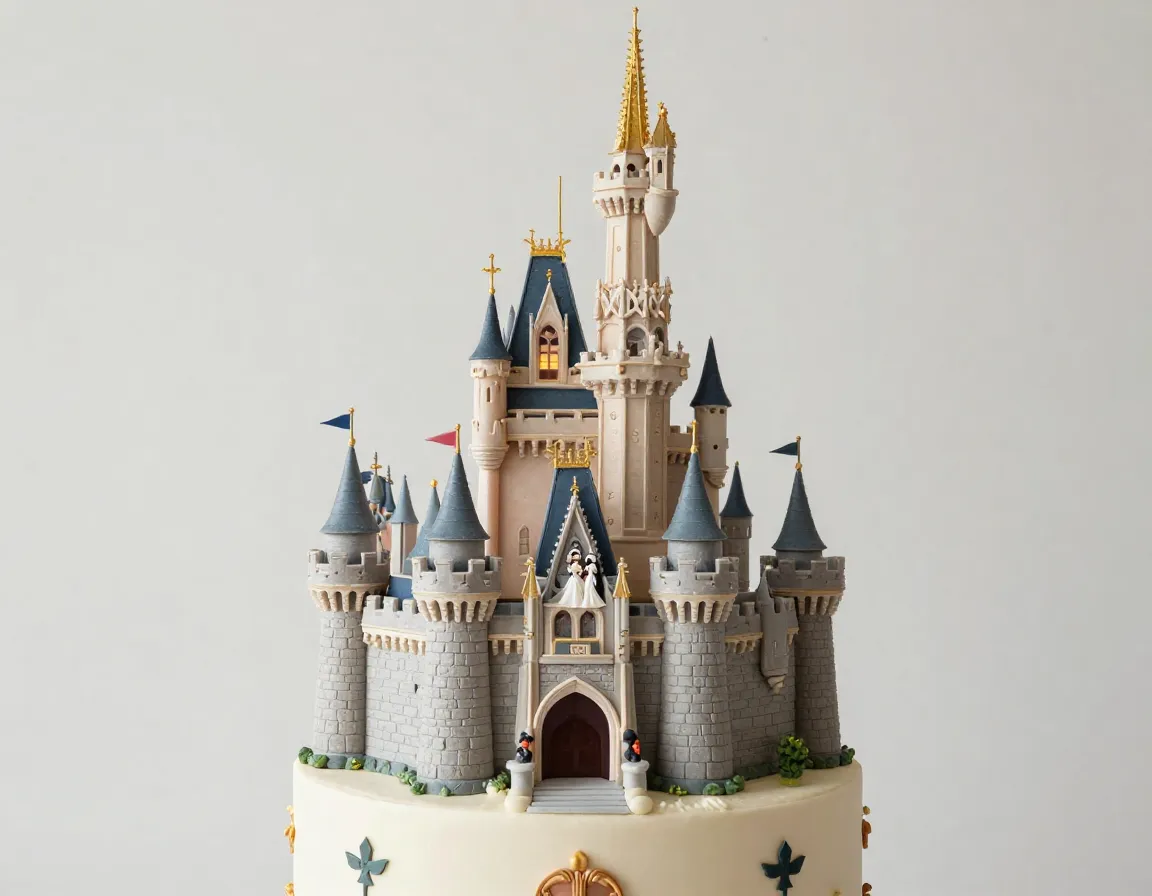 Medieval castle cake topper with bride and groom balcony figures