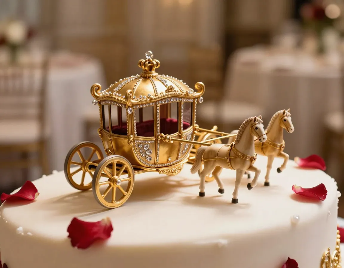 Golden royal carriage with horses on white fondant rose petals