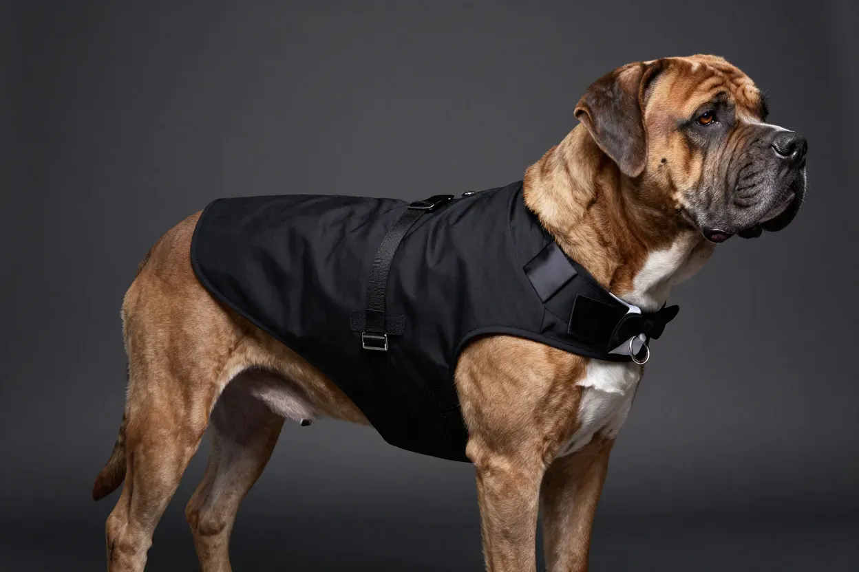 Stocky large dog in a perfectly fitted formal tuxedo vest portrait