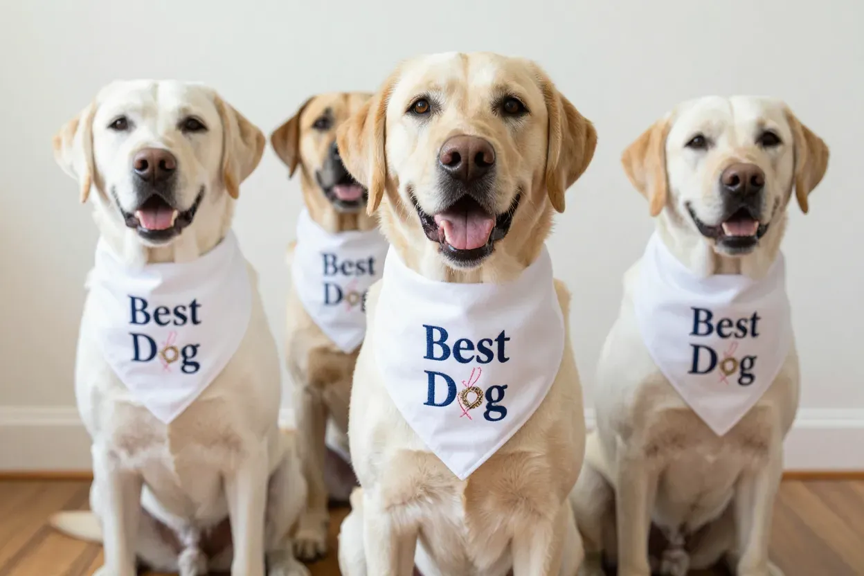 Active large dog wearing a personalized wedding themed cotton bandana